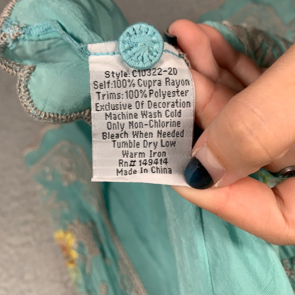 Johnny Was Allbee Blouse Womens Small S Aqua Blue Embroidered Scalloped Boho Top - Picture 8 of 11